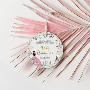 Spanish Floral Pink Quinceanera Party Favor Tag, Quince Thank You Gift Tag, Editable Pink Round Gift Tag, Mis Quince Party Favors, BD3002