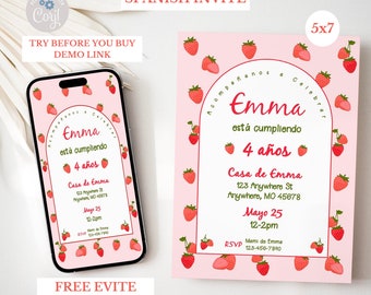 Spanish Girl Strawberry Birthday Invitation, 4th Birthday, Any age Birthday, Strawberry Birthday Evite, Editable Berry Bday Evite, BD2034
