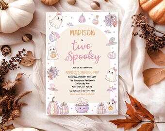 Two Spooky Birthday Invitation, Pastel Halloween Birthday Invitation, Cute Spooky Party Invite, Pastel Halloween Spooky Invite, BD2101