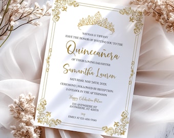 Elegant Gold Quinceanera Invite, Editable Quince Invite, Sweet 16 Invite, Mis Quince Años Invitation, Beautiful Gold Quince Invite, BD3013