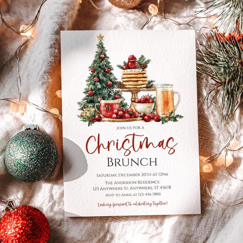 May include: A Christmas brunch invitation with a festive illustration. The design features a Christmas tree, pancakes, and a mug of tea. The invitation text reads "Christmas Brunch" with event details.