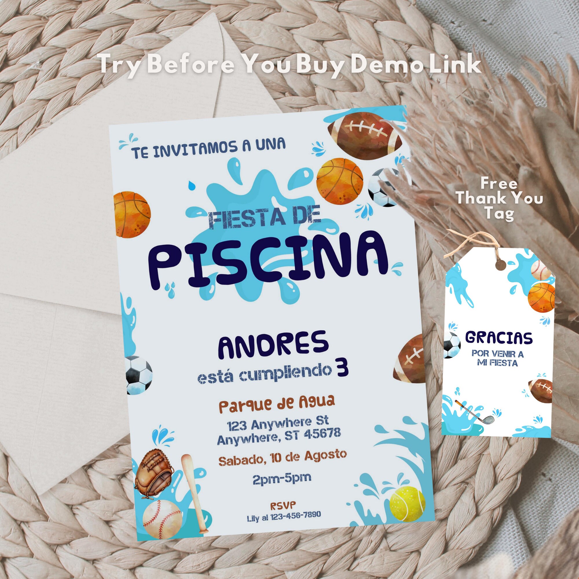 Pool Party Birthday Spanish Invitation, Let's Get Cool, Boys Pool Party, Summer Kids Birthday, Sport Pool Party, Sports Birthday, BD2074
