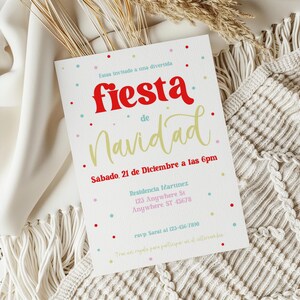 May include: A festive Christmas party invitation with a red and white polka dot background. The invitation reads "Estas invitado a una divertida fiesta de Navidad" and includes the date and time of the party, the address, and an RSVP number.