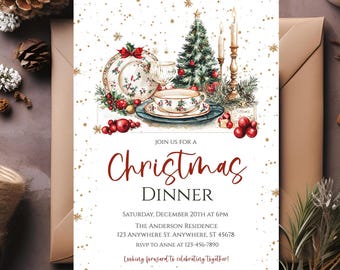 Puede incluir: Invitación a una cena de Navidad con un diseño festivo en acuarela. La invitación presenta un árbol de Navidad, velas y una mesa con una taza de té y un plato. El texto dice "Join us for a Christmas Dinner".