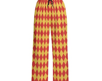 Red Yellow Harlequin Jester Pants, Clowncore Circus Costume Trousers