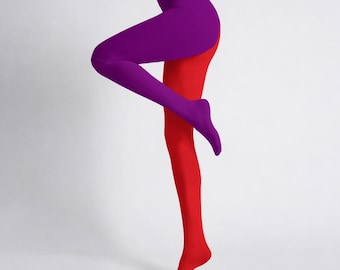 Medias de bufón, accesorios para disfraces de payaso, pantimedias rojas y moradas desparejadas, ropa Clowncore.