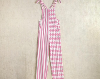 Pink Clown Costume Jumpsuit, Harlequin And Striped Split Leg Clowncore Pants, Cutecore Clothing