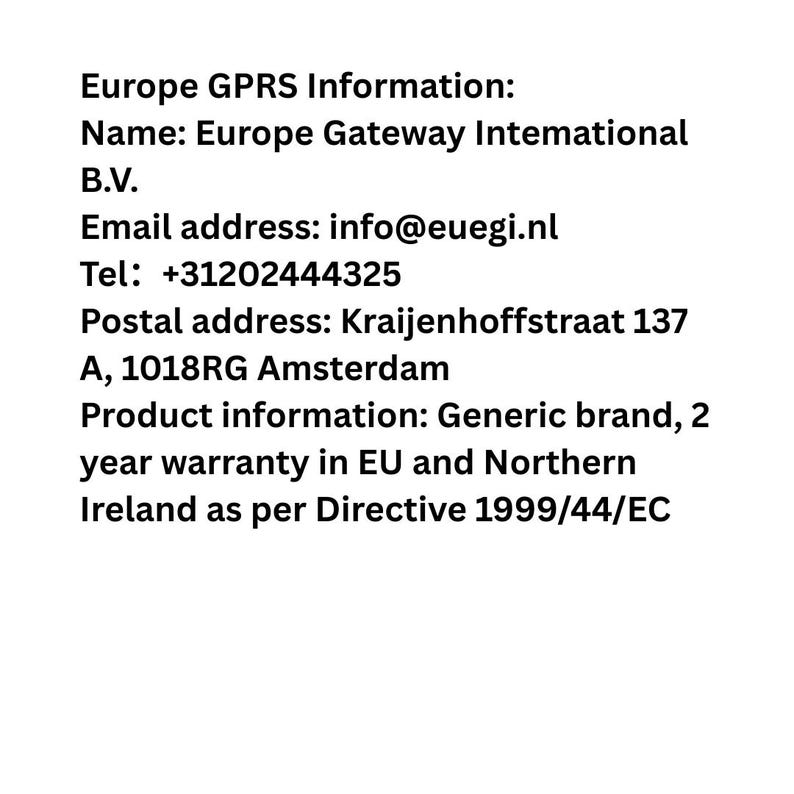 以下が含まれることがあります： 白地の背景に、Europe Gateway International B.V.の名前、メールアドレス、電話番号、アムステルダムの住所など、ヨーロッパGPRS情報が記載されたテキスト。製品情報と保証の詳細も含まれています。