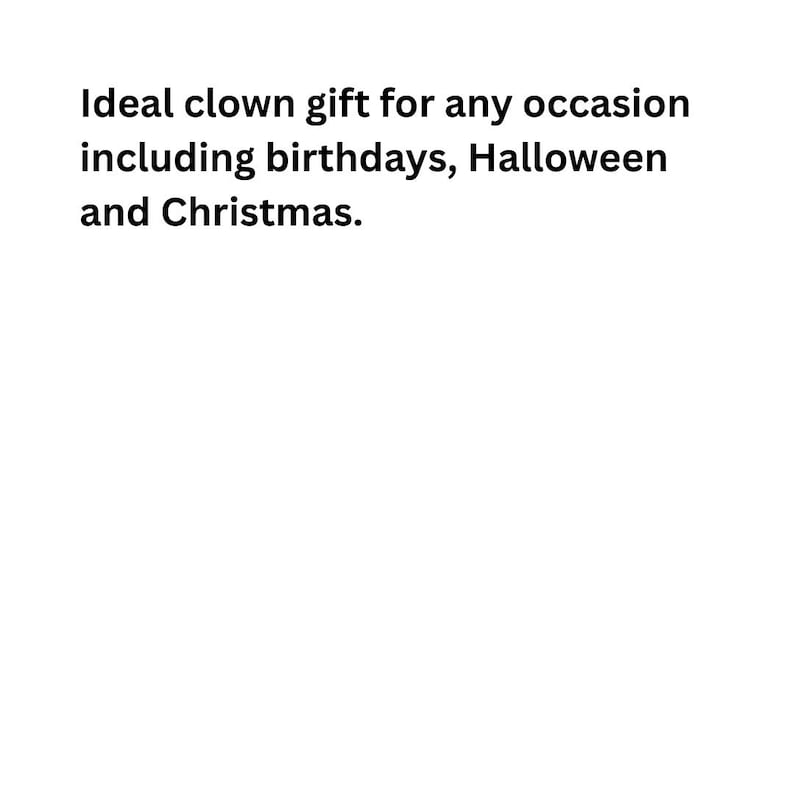 Puede incluir: Texto sobre un fondo blanco que dice: "Regalo de payaso ideal para cualquier ocasi&oacute;n, incluidos cumplea&ntilde;os, Halloween y Navidad."