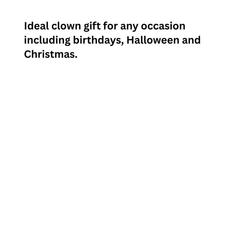 以下が含まれることがあります： 白い背景にテキスト："誕生日、ハロウィーン、クリスマスなど、あらゆる機会に最適なピエロの贈り物。"
