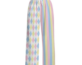 Pastel Clown Pants, Clowncore Clothing, Harlequin And Stripe Split Leg Circus Trousers