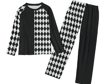 Harlequin Jester Costume, Black And White Shirt And Pants Set, Clowncore Clothing