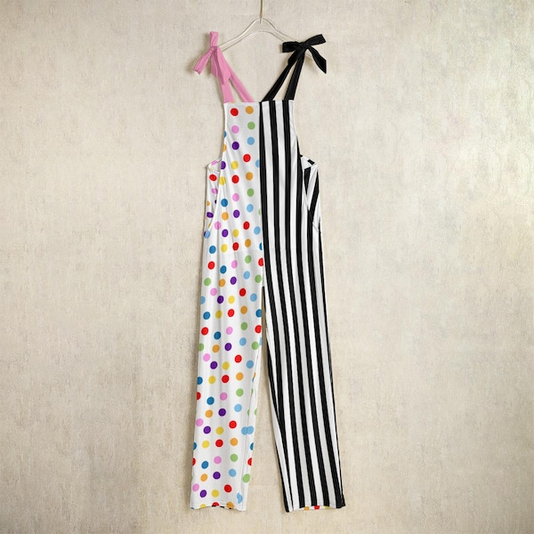 Clown Costume Jumpsuit: Black And White Stripes, Rainbow Polka Dots Clowncore Split Leg Pants