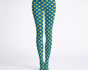 Clown Tights, Blue Yellow Polka Dot Patterned Costume Accessories, Colorful Clowncore Clothing