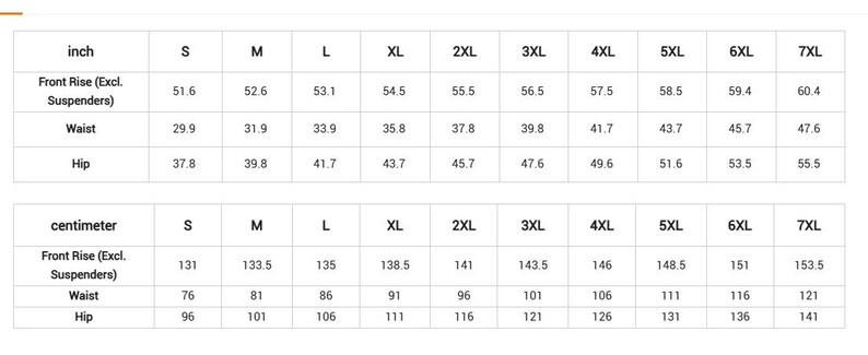 以下が含まれることがあります： Sから7XLまでのサイズに対応した、インチおよびセンチメートル単位の測定値を示すサイズチャート表。表には、サスペンダーを除いた前股上、ウエスト、ヒップの行があり、各サイズカテゴリーに対応する数値が記載されています。