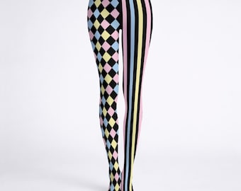 Pastel Clown Tights, Harlequin And Striped Patterned Costume Accessories, Whimsical Clowncore Clothing