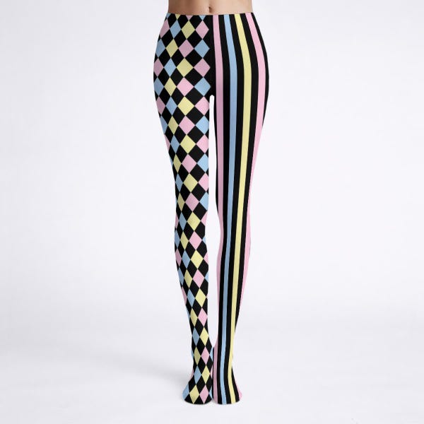 Pastel Clown Tights, Harlequin And Striped Patterned Costume Accessories, Whimsical Clowncore Clothing