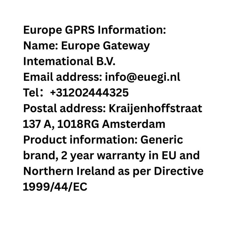 Puede incluir: Texto sobre un fondo blanco que proporciona informaci&oacute;n sobre GPRS en Europa, incluyendo el nombre Europe Gateway Intemational B.V., la direcci&oacute;n de correo electr&oacute;nico, el n&uacute;mero de tel&eacute;fono y la direcci&oacute;n postal en &Aacute;msterdam. Tambi&eacute;n menciona informaci&oacute;n del producto y detalles de la garant&iacute;a.