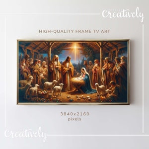 Puede incluir: Una pintura que representa la escena de la Natividad con una estrella dorada sobre el pesebre. La escena se desarrolla en un establo con un grupo de personas reunidas alrededor del pesebre. Hay ovejas y corderos en primer plano. La pintura está enmarcada en oro.