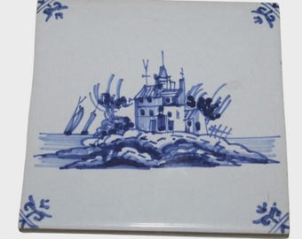 Delftse onderzetter Church By The Sea Vintage Delfts koningsblauw, handgeschilderd Nederlands