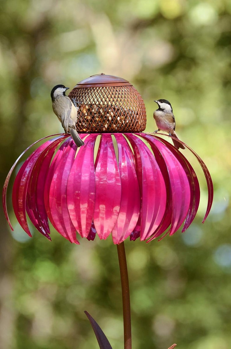 Mangiatoia Per Uccelli A Forma Di Echinacea - Arredo Da Giardino In Metallo Resistente Alla Ruggine - 78 Cm Con Palo