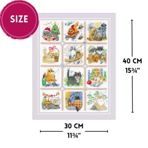 The RIOLIS cross stitch kit Cat Calendar features a charming calendar design with cats, using 29 colors of wool/acrylic threads. The kit includes a needle, Zweigart 14ct white AIDA fabric, and a color chart. The finished size is 30x40 cm.