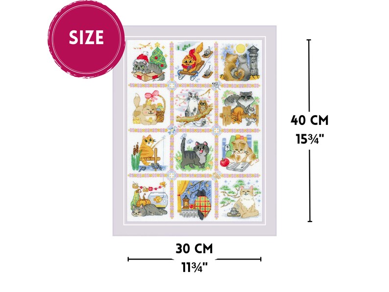 The RIOLIS cross stitch kit Cat Calendar features a charming calendar design with cats, using 29 colors of wool/acrylic threads. The kit includes a needle, Zweigart 14ct white AIDA fabric, and a color chart. The finished size is 30x40 cm.