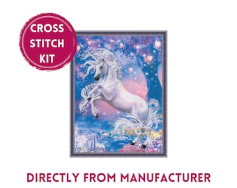 Counted cross stitch Kit Unicorn with pre-printed background, No. PT-0024, fantasy animal embroidery design by RIOLIS