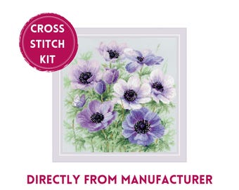 Anemone Cross Stitch Kit, RIOLIS 2176 Purple Flowers Counted Embroidery, Floral Wall Art
