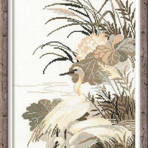 RIOLIS Cross Stitch Kit 928 Herons. Two Beautiful Herons in Nature, Black and White cross stitch of Birds in a Lake with lots of Flora.