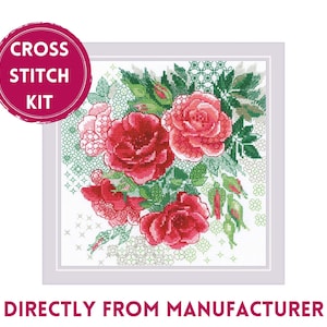 RIOLIS クロスステッチキット 1916 レッドローズヒップ、美しい赤い花と緑の葉の刺繍キット、花をテーマにしたクロスステッチアート