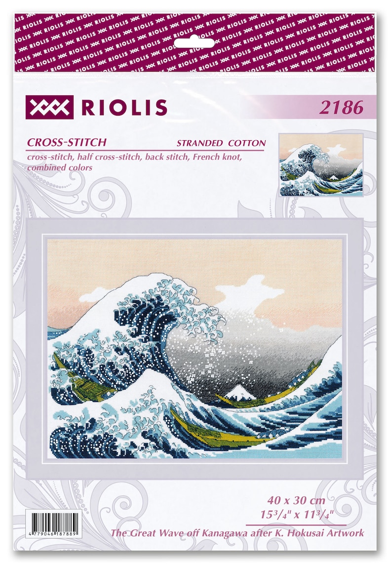 The RIOLIS cross stitch kit The Great Wave off Kanagawa after K. Hokusai Artwork features a detailed design using 17 colors of Anchor stranded cotton threads. The kit includes a needle, Zweigart 14ct white AIDA fabric, and a color chart.