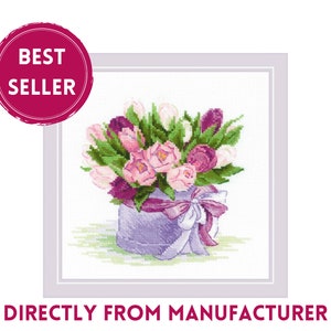 RIOLIS Counted Cross Stich Kit 2003 Tulips Hat Box, Embroidery Kit with a Gorgeous Tulip Bouquet, Flower Themed Cross Stitch Art