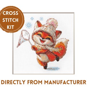 Aine Counted Cross Stitch Kit A1018 Playful Fox, Embroidery Kit with a Cute Little Fox in a Beanie and Scarf Chasing Snowflakes with a Net
