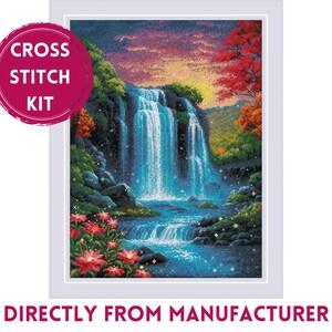 May include: Cross stitch kit featuring a vibrant waterfall scene. The image showcases a cascading waterfall with turquoise water, surrounded by lush greenery, red flowers, and a colorful sunset. The text "CROSS STITCH KIT" is in a pink circle.