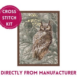 May include: Cross stitch kit featuring a detailed image of an owl perched in a tree. The owl has brown and white feathers and yellow eyes. The background is a muted green and white.