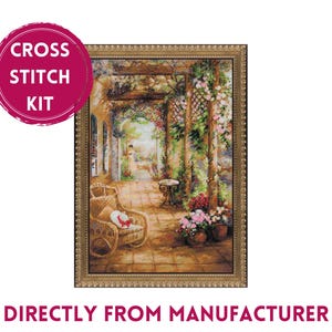 RIOLIS PREMIUM Counted Cross Stitch Kit 100/043 A Secret Romance, Embroidery Kit with a Gorgeous Vintage Porch Filled with Beautiful Flowers