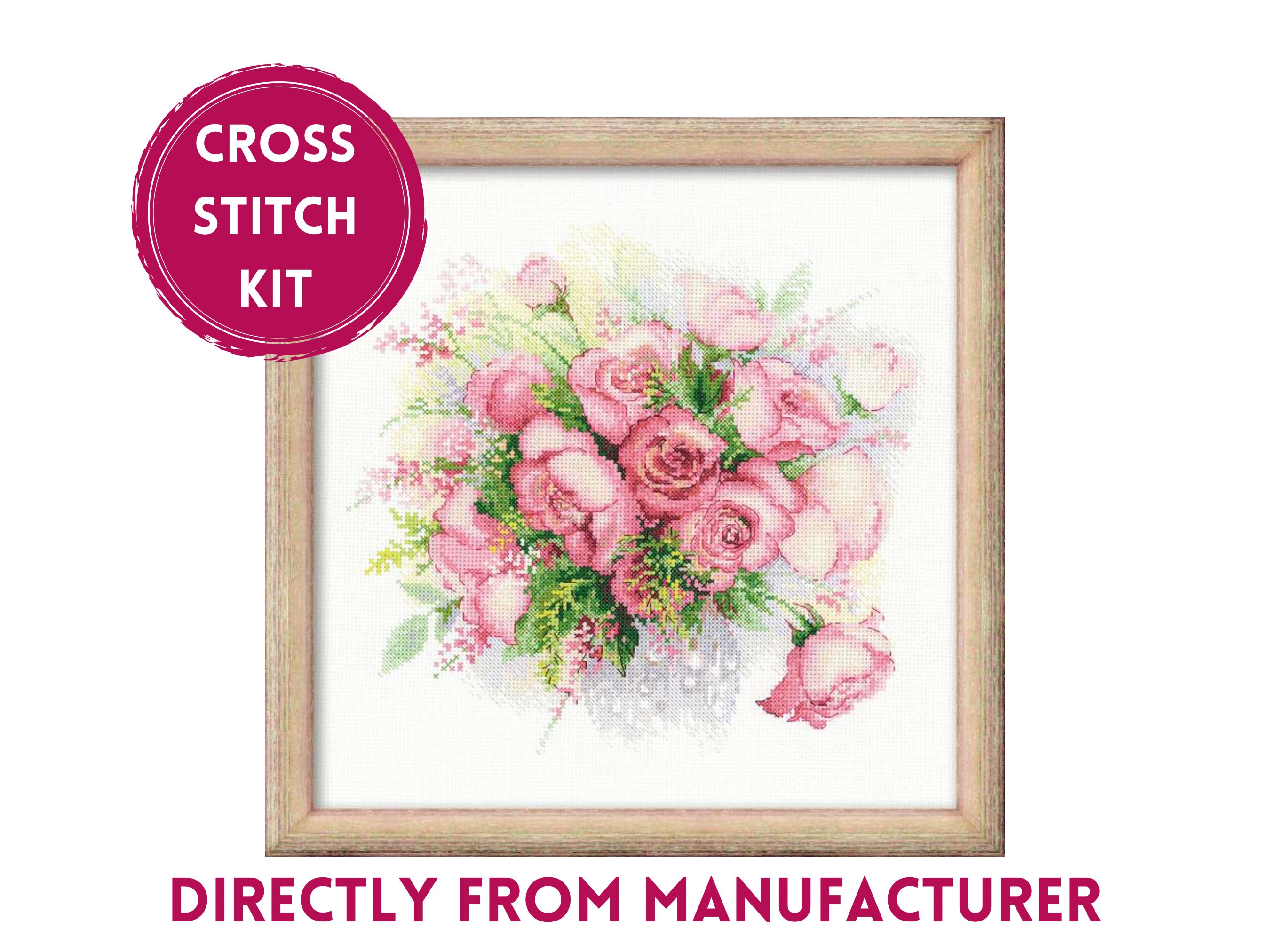 【完成品】「水滴バラ」クロスステッチ Olympusクロスステッチ刺繍キット7355 