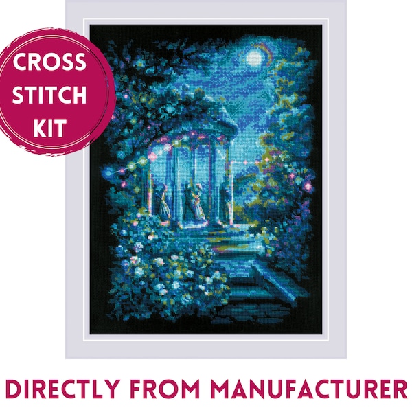 RIOLIS Cross Stitch Kit 2216 Moonlight Magic, Embroidery Kit with Dressed-Up Couples Dancing in a Decorated Gazebo in a Blooming Garden