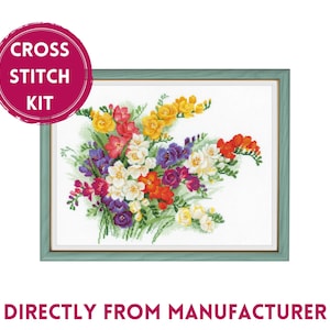 RIOLIS Counted Cross Stitch Kit 1561 Freesia, Embroidery Kit with Beautiful Colorful Freesia Flowers, Floral Cross Stitch Art