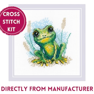 Puede incluir: Kit de punto de cruz con una rana verde con detalles amarillos, sobre un fondo de juncos azules y beige. El kit está enmarcado en blanco e incluye el texto "CROSS STITCH KIT" y "DIRECTLY FROM MANUFACTURER".