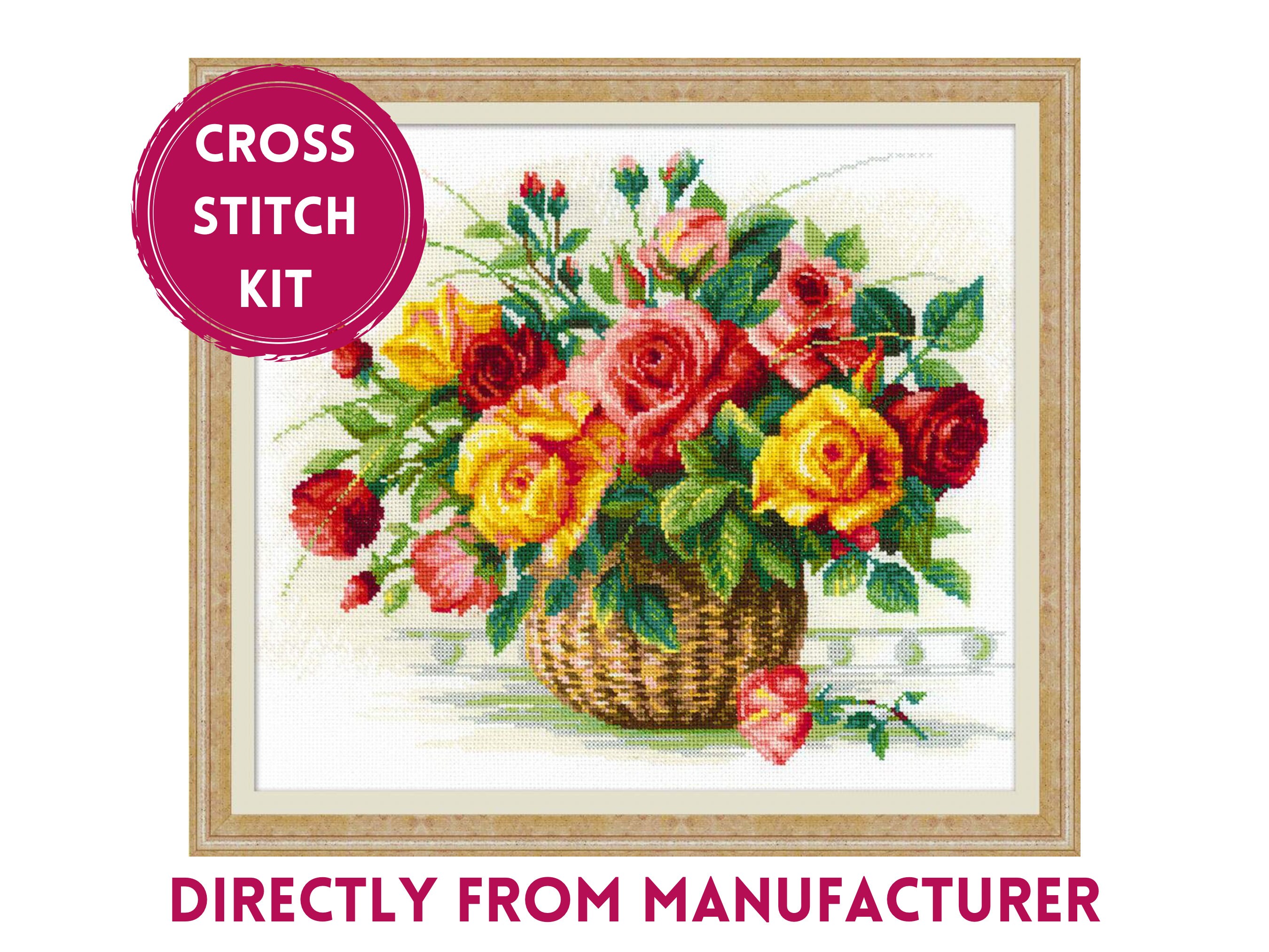 Kit Broderie Point De Croix Riolis - Panier Avec Des Roses - Modèle De Comptage Inclus