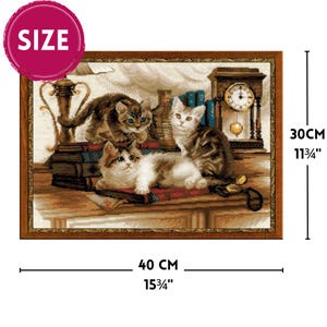 The RIOLIS cross stitch kit Furry Friends features beautiful three kittens playing. The kit includes wool acrylic threads in 20 colors, a needle, Zweigart 14ct flaxen AIDA fabric and a color chart. The finished size is 40x30 cm