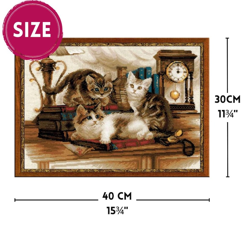 The RIOLIS cross stitch kit Furry Friends features beautiful three kittens playing. The kit includes wool acrylic threads in 20 colors, a needle, Zweigart 14ct flaxen AIDA fabric and a color chart. The finished size is 40x30 cm