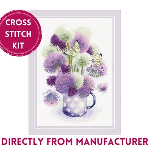 RIOLIS Counted Cross Stich Kit 1974 Purple Allium, Embroidery Kit with a Flower Bouquet with Butterflies, Allium Themed Cross Stitch Art