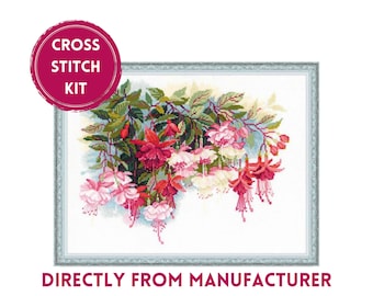 RIOLIS Counted Cross Stitch Kit 1398 Fuchsia, Embroidery Kit with Colourful Flowers with Beautiful Petals Hanging from a Tree