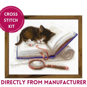 Kit de punto de cruz RIOLIS 1725 Gatito en el libro, kit de bordado con un pequeño gato durmiendo en el libro