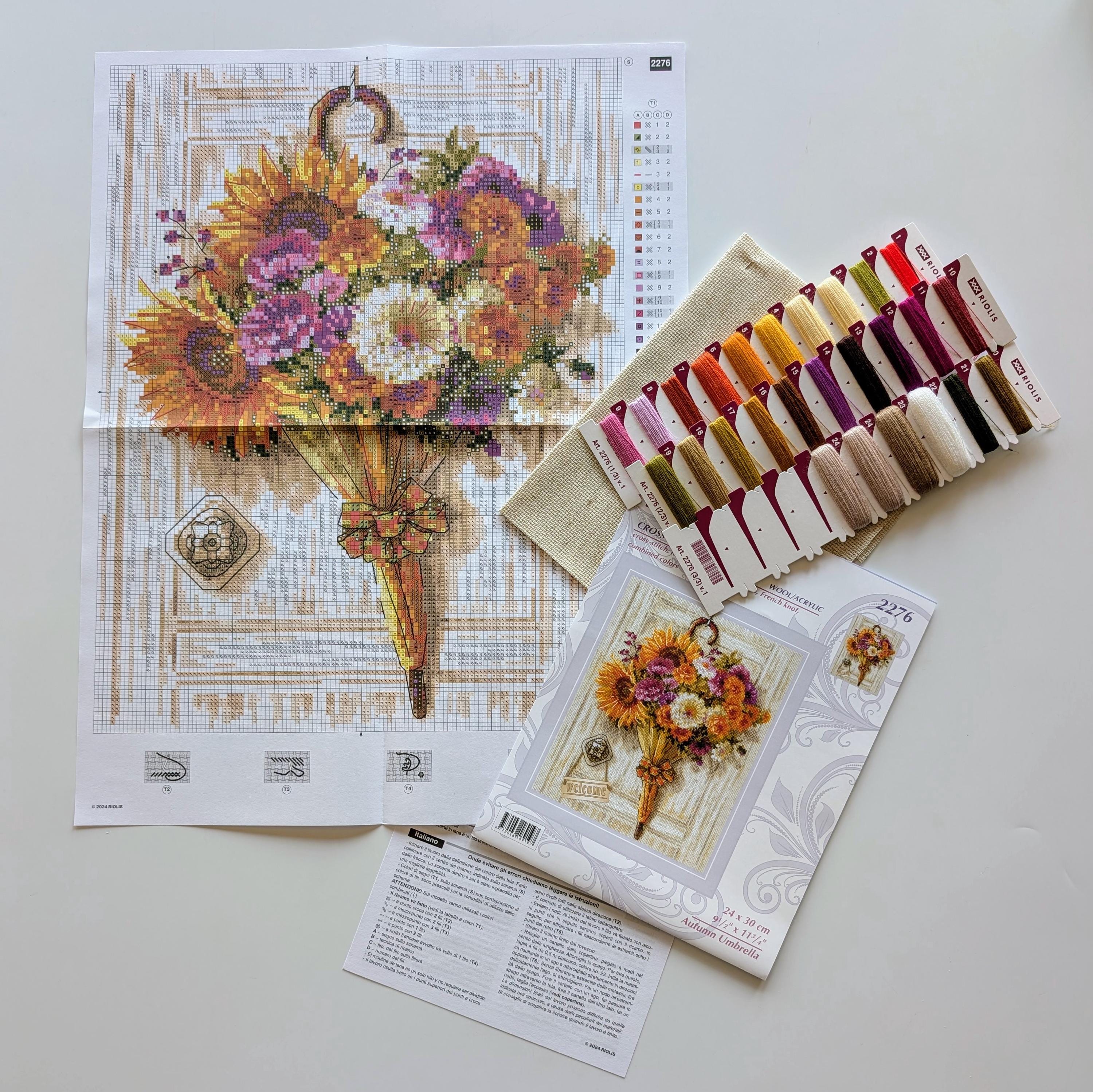 Kit de point de croix RIOLIS 2276, parapluie d'automne, kit de broderie avec une magnifique couronne de parapluies d'automne, art au point de croix sur le thème des fleurs - France