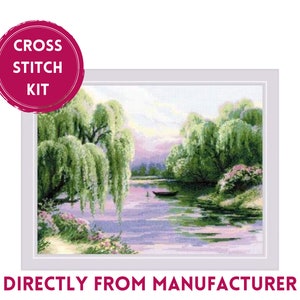 May include: Cross stitch kit featuring a scenic landscape with a lake, willow trees, and a small boat. The kit includes all the materials needed to complete the project.