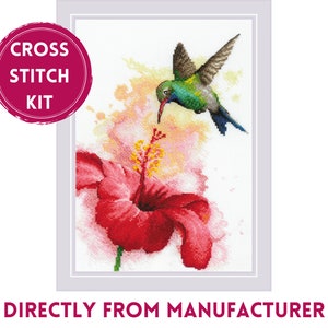 May include: Cross stitch kit featuring a hummingbird with green and blue feathers, drinking nectar from a red hibiscus flower with a watercolor background.